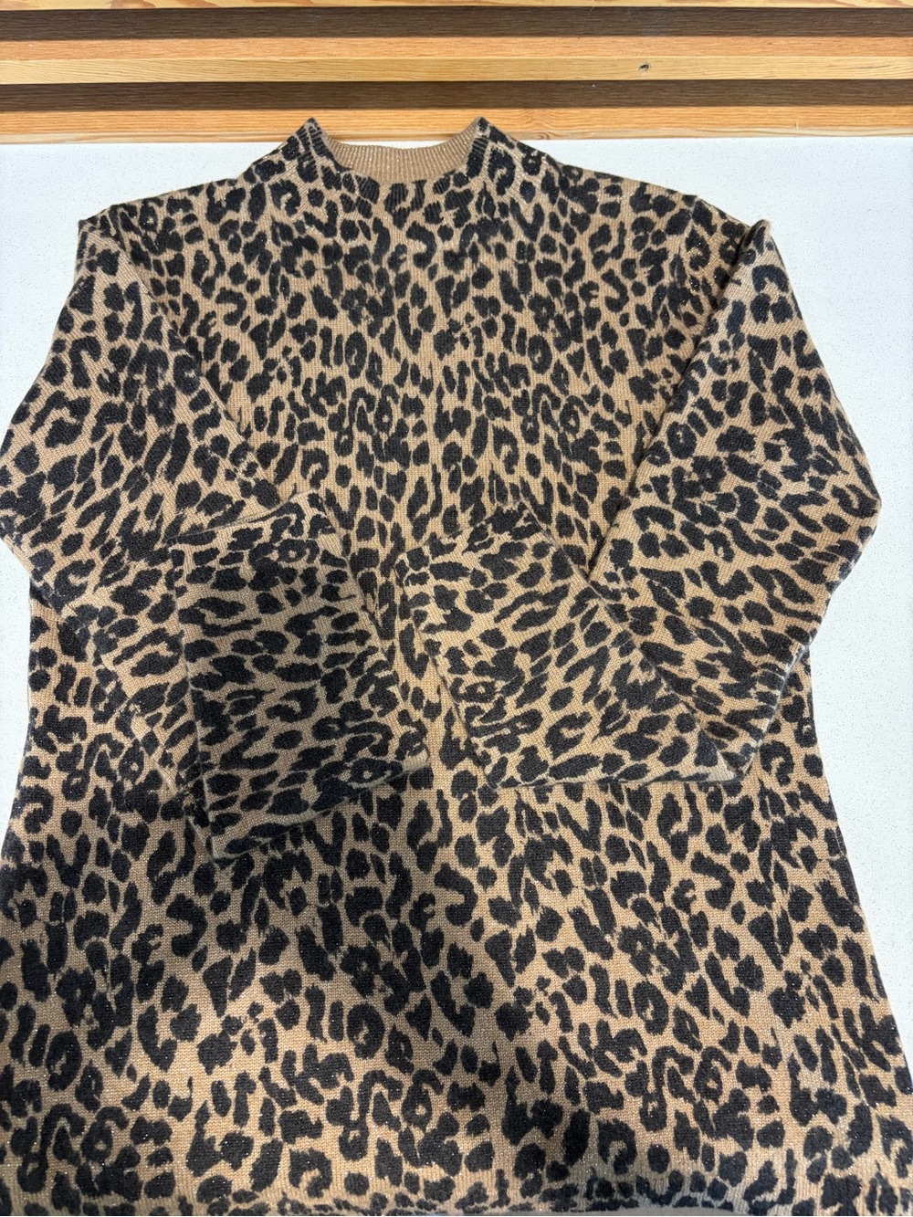 Neiman Marcus Cashmere Leopard Print Mock Turtleneck Sweater — Brown and Black - Picture 3 of 7